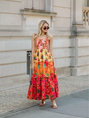 FARM Rio Vibrant Floral Tiered Maxi in Orange and Pink